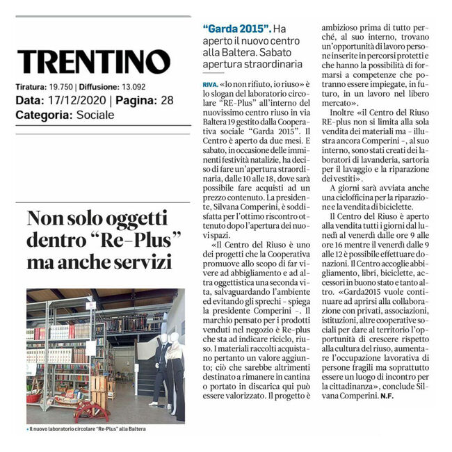 Trentino - 17 dicembre 2020 | Non solo oggetti dentro "Re-Plus" ma anche servizi